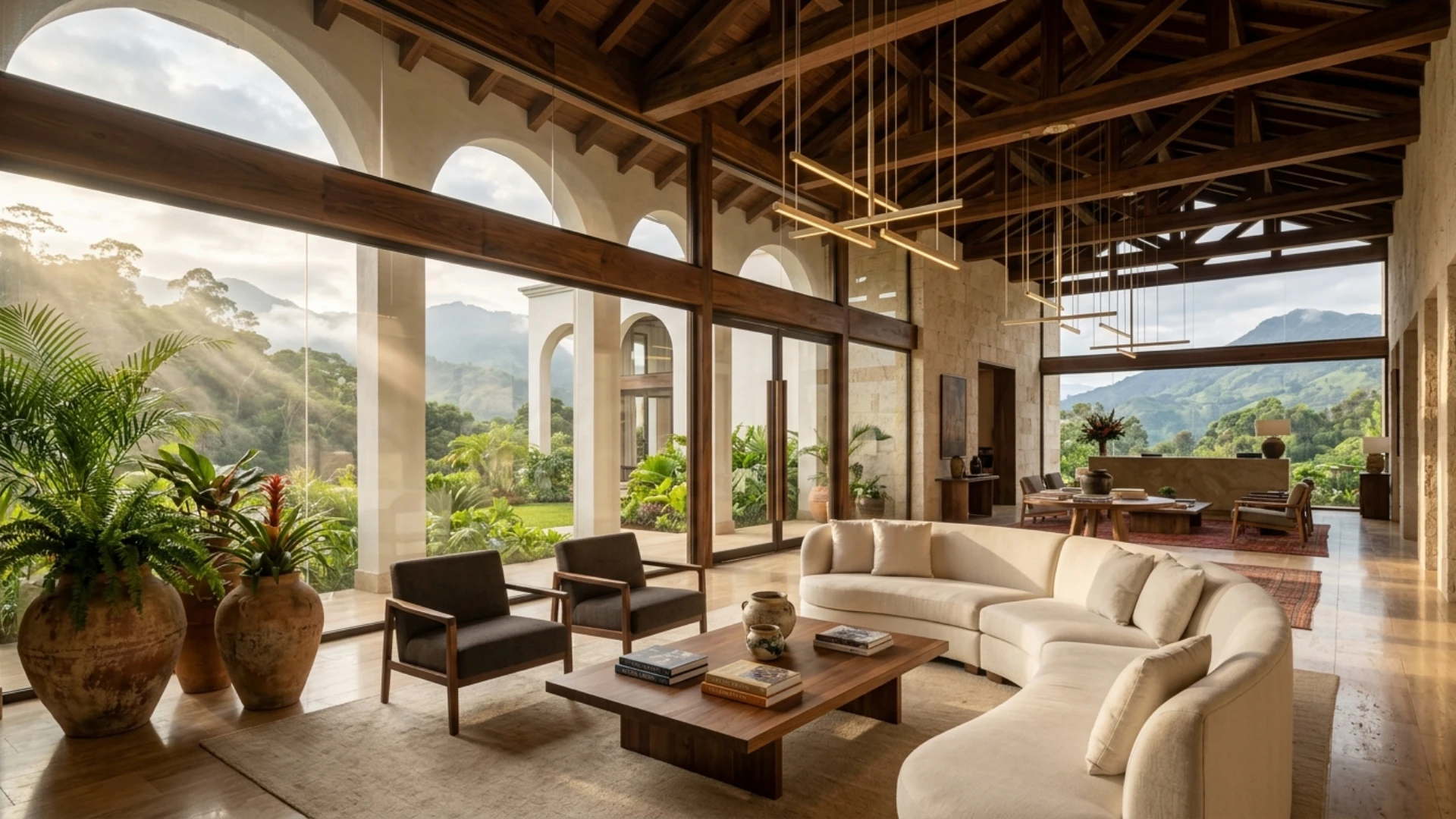Lobby principal de eco-lujo de nuestro hotel boutique en Colombia, con techos de doble altura en madera de nogal, arquería colonial contemporánea y ventanales panorámicos con vista a las montañas