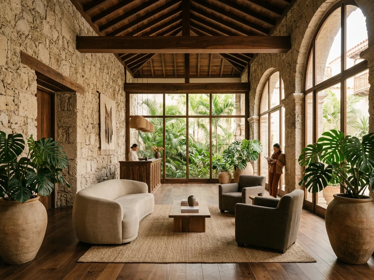 Arquitectura y legado colonial contemporáneo con muros de piedra noble y vigas de nogal en nuestro lobby exclusivo