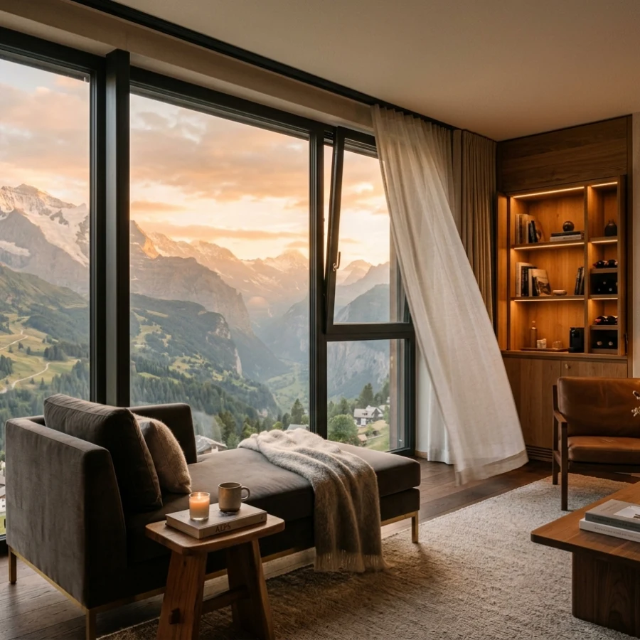 Suite panorámica con ventanales de piso a techo y vistas escénicas a la cordillera