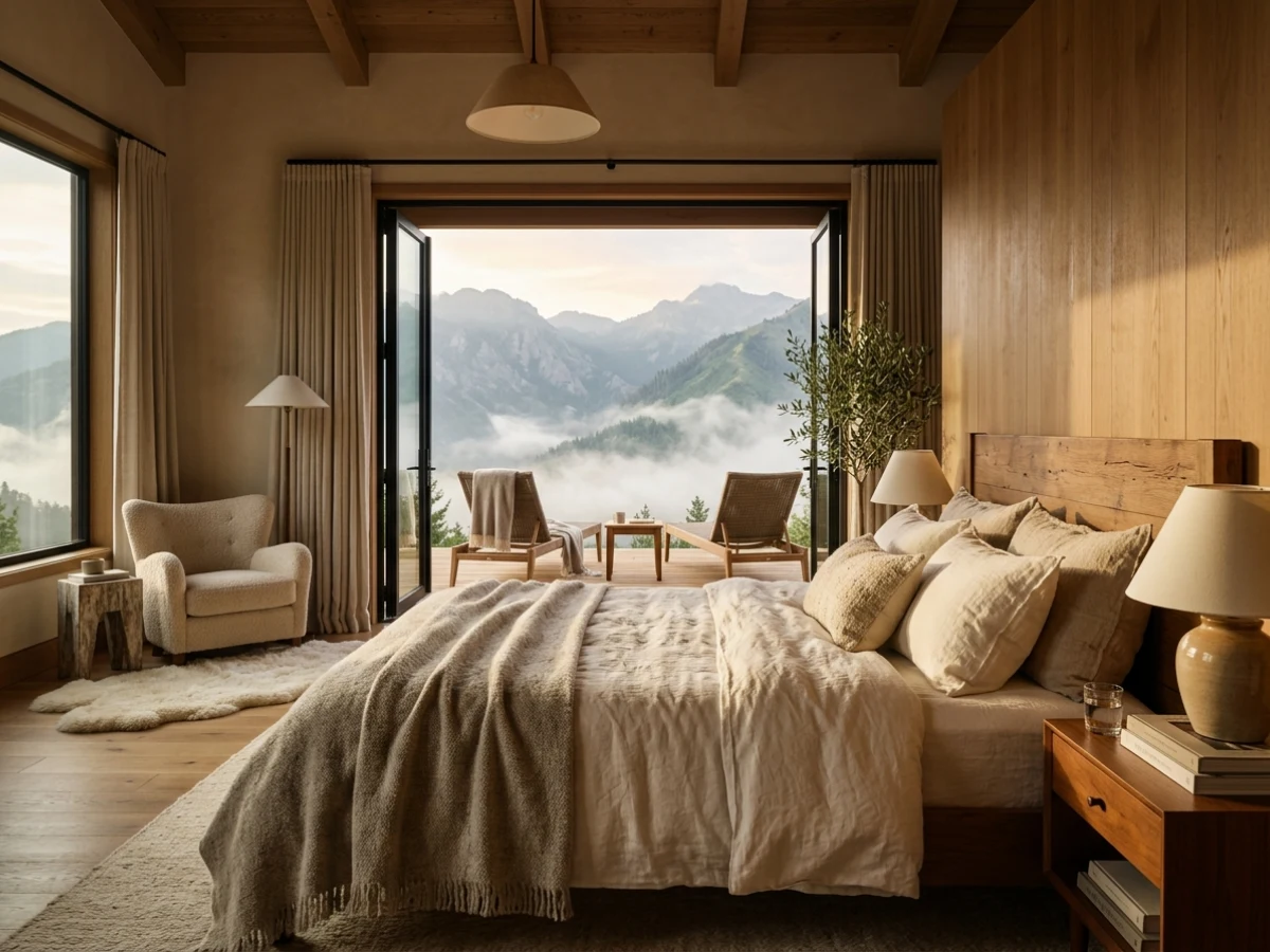 Master suite romántica con cama vestida en lino marfil y terraza privada hacia las montañas